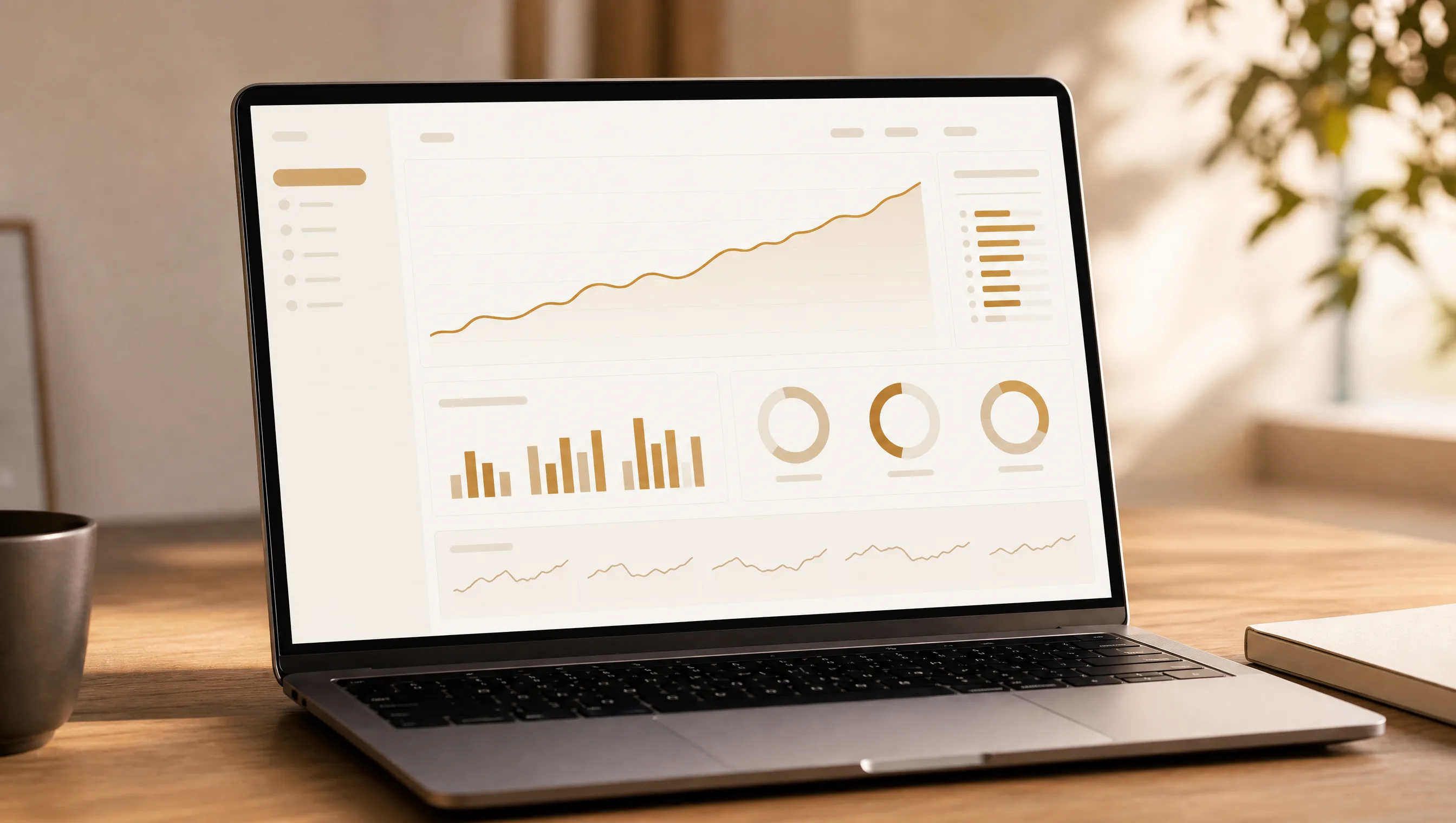 Dashboard de performance sobre escritorio de roble