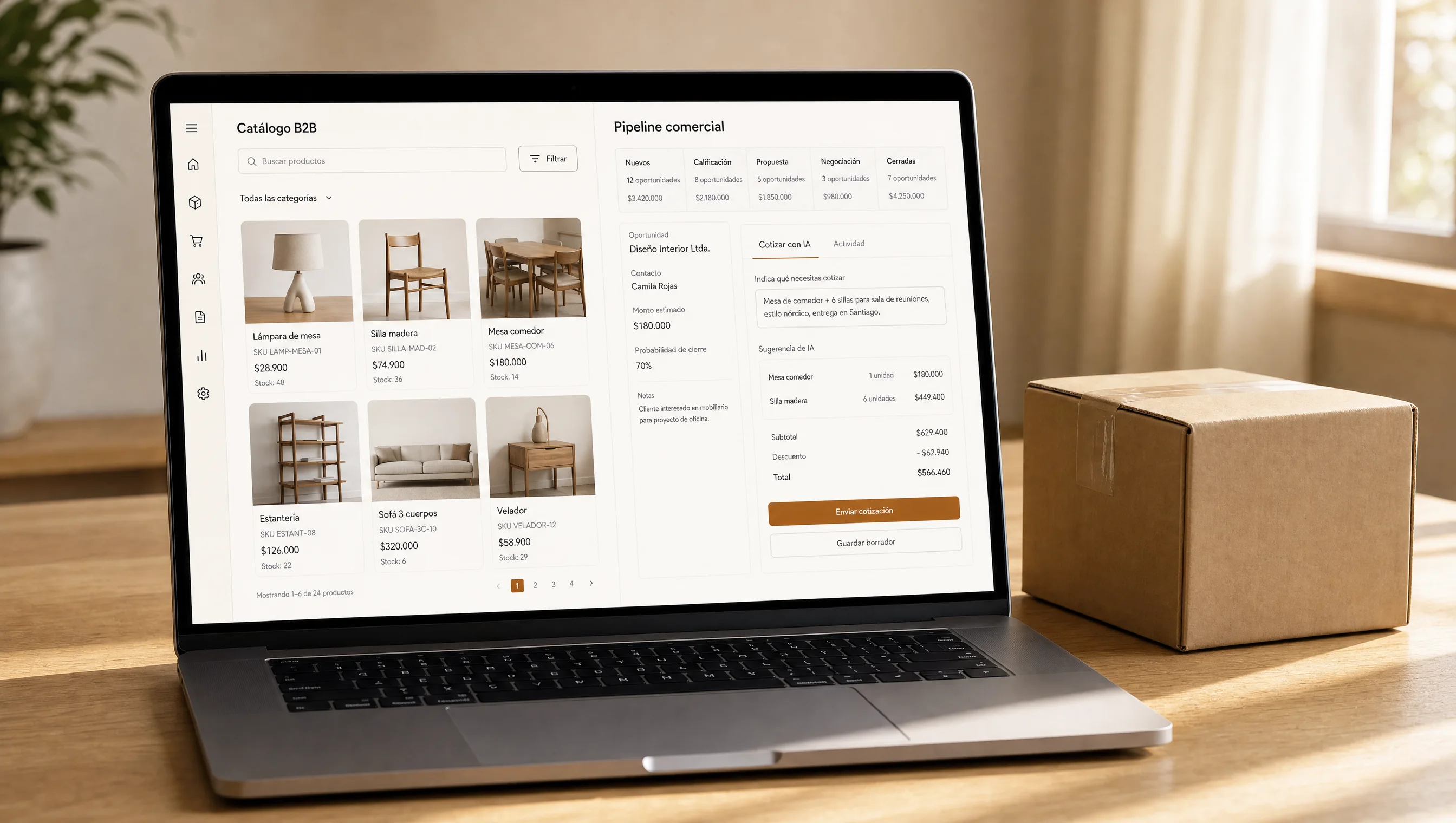 Laptop sobre mesa de roble con UI de ecommerce de nueva generación — catálogo B2B y operación comercial unificada