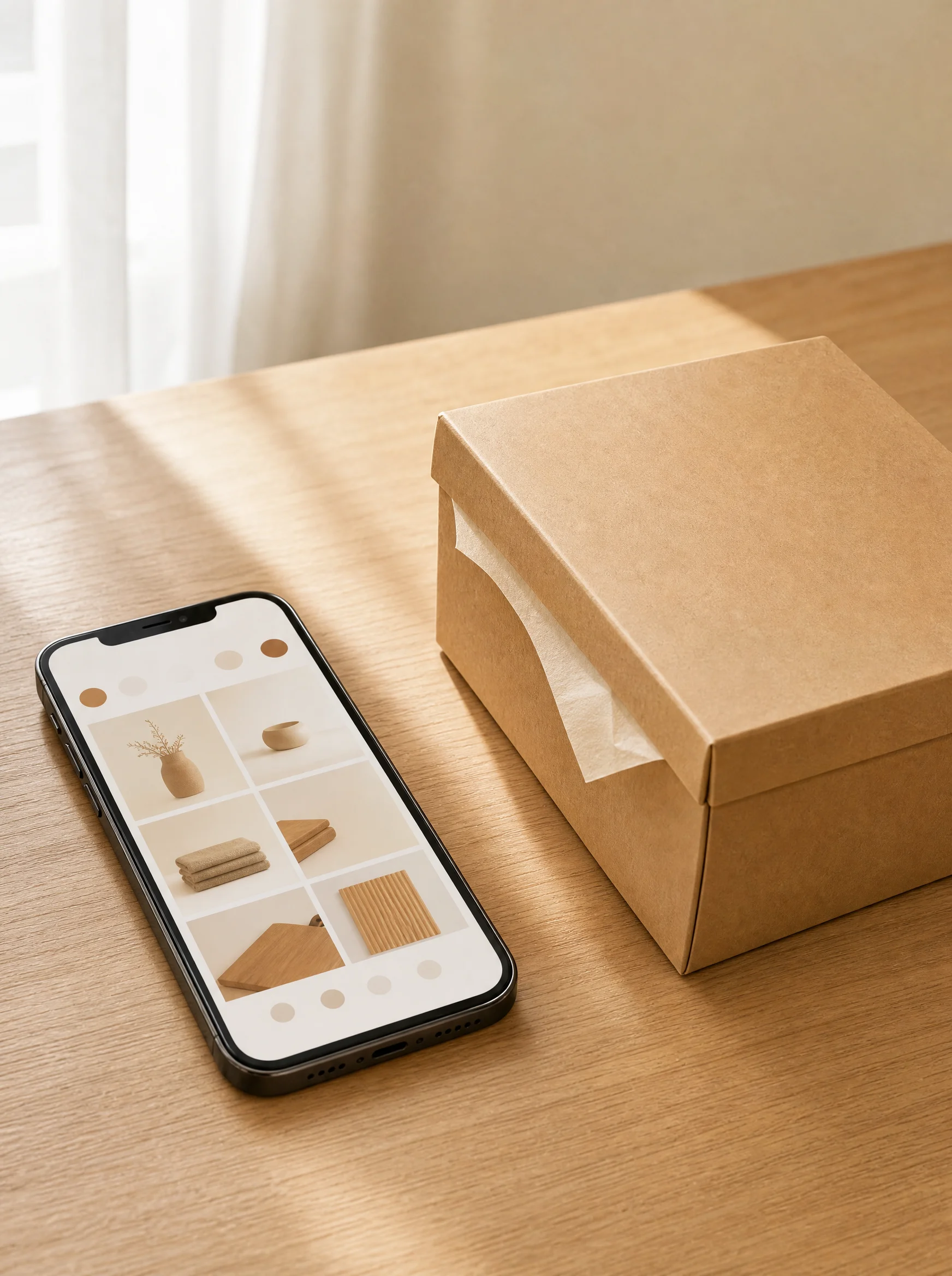 Estilo Compra · Materia Digital — tienda en móvil y pedido kraft sellado sobre roble