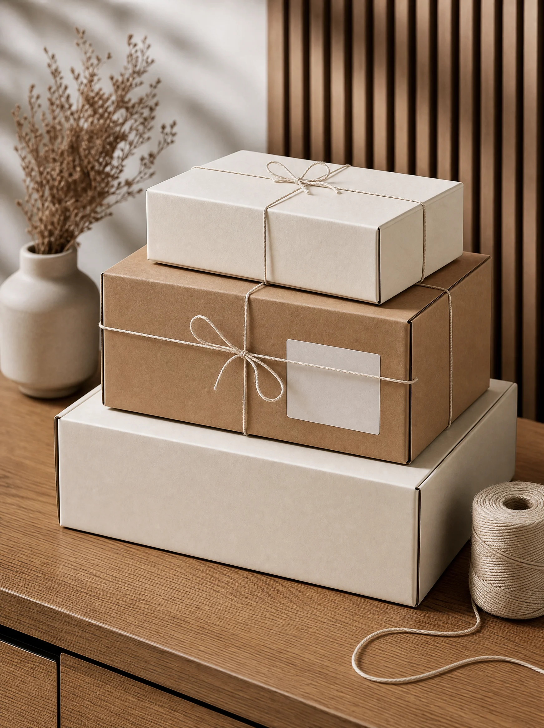 Estilo Empaque — cajas cream y kraft sobre roble, despacho de pedidos