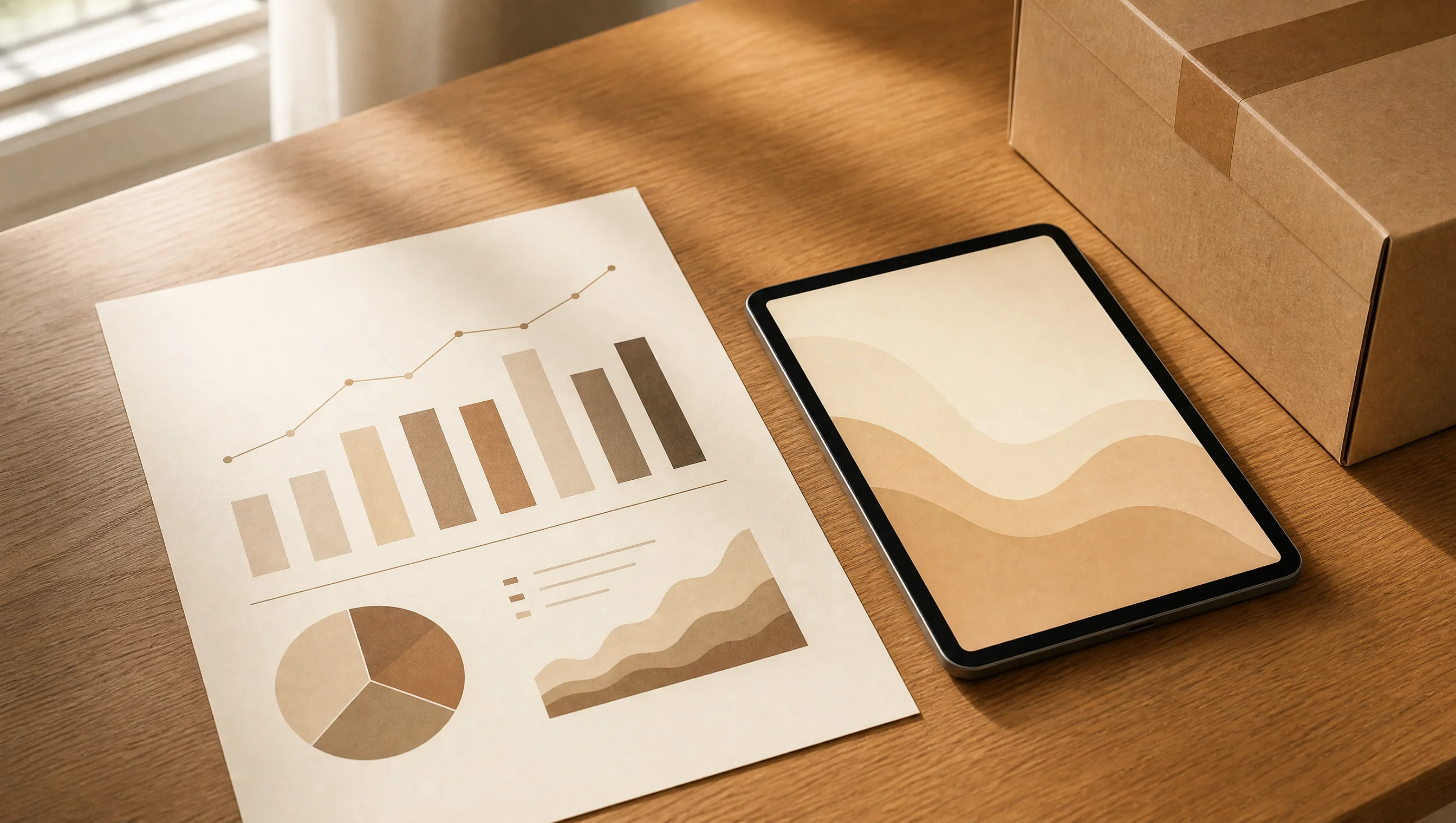 Estilo Operación · Materia Digital — reporte de datos, tablet y caja de despacho sobre roble