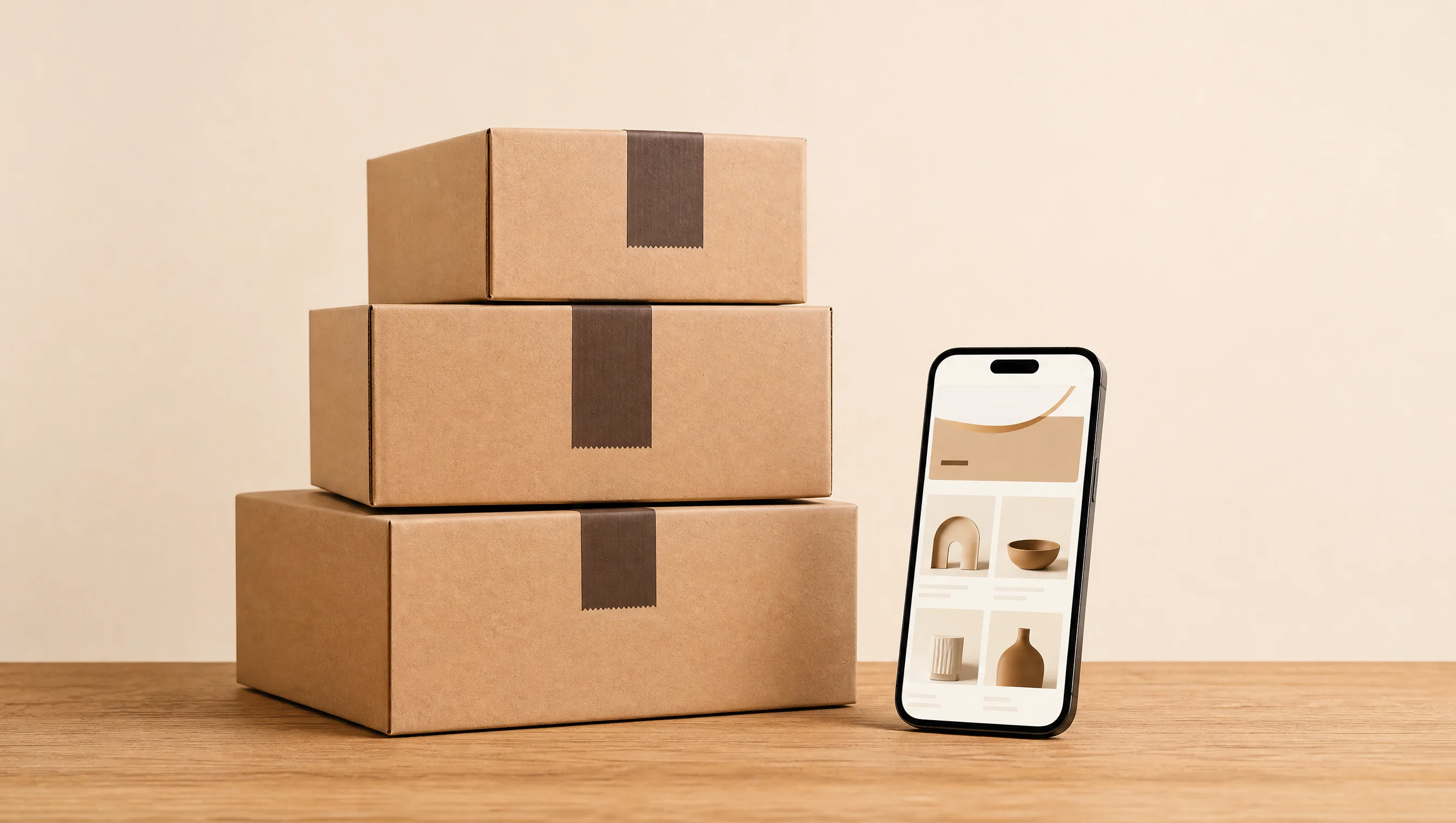Estudio ecommerce Permanencia — paquetes cream y kraft sobre mesa de roble